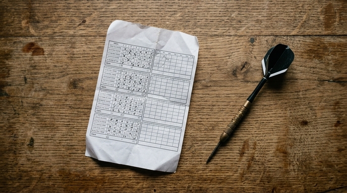 Flat lay of a betting slip and a dart