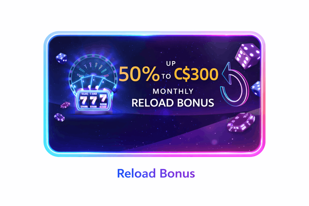 Slotimo reload bonus offering 50% up to C$300 monthly