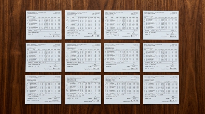 A collection of betting slips neatly arranged on a table