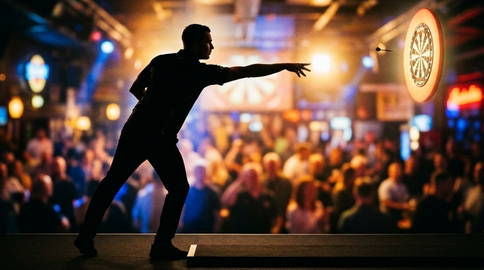Silhouette of a player throwing darts against a colorful background