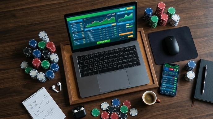 An aerial view of a cluttered desk with a laptop open to a betting site and various colorful chips scattered around