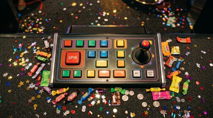 Overhead view of a slot machine console with colorful controls