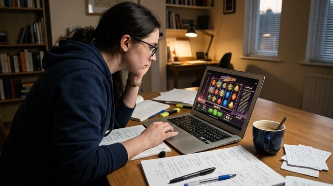 A focused person analyzing a slot game interface on their laptop