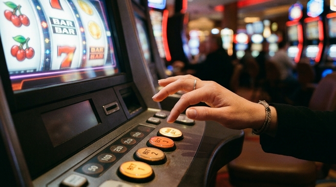 A person selecting bets on a slot machine