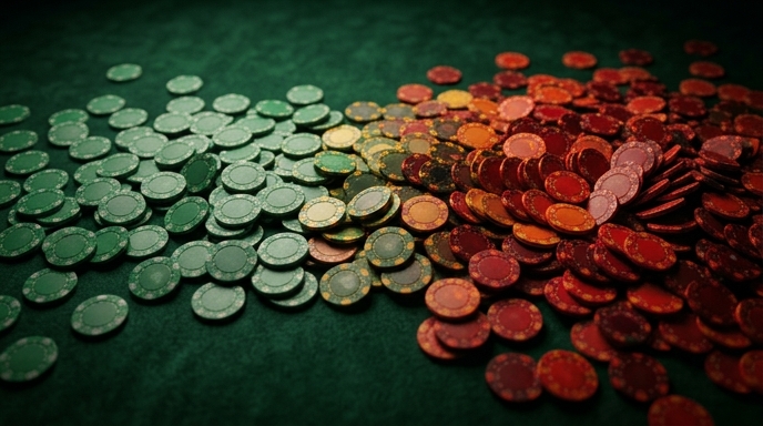 An abstract arrangement of scattered casino chips in a gradient from low-risk green to high-risk red