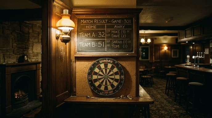 Wide shot of an empty pub with a darts scoreboard visible
