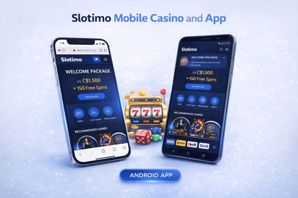 Slotimo Mobile Casino App auf dem Smartphone mit Spielen, Bonus und mobiler Oberfläche