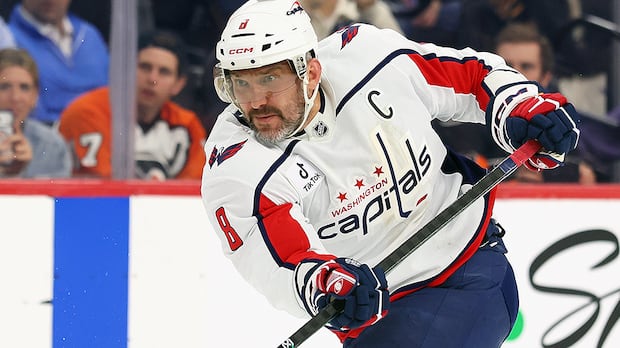 Alex Ovechkin of Capitals shoots puck during NHL game against Philadelphia Flyers in Pennsylvania