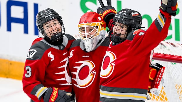 Philips and teammates celebrate in the crease after clinching final PWHL playoff spot with shutout win over Sceptres