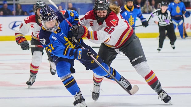 Two hockey players compete intensely for the puck during a crucial playoff game