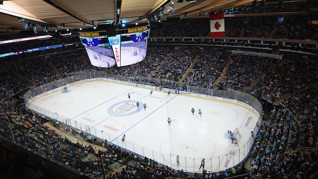 Large crowd cheering at women's hockey game inside Madison Square Garden in New York City breaking attendance record