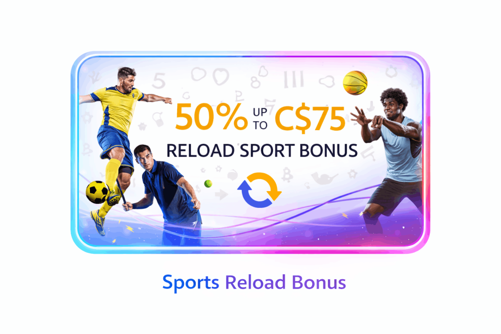 Slotimo sports reload bonus 50% up to C$75 for players in Canada with sports betting visuals