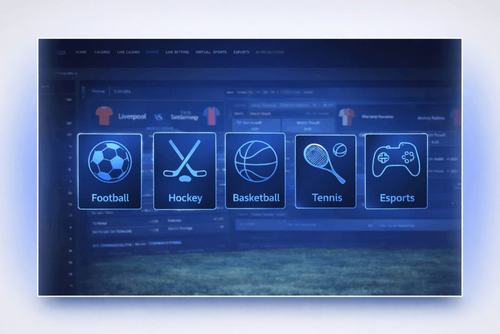 Sportwetten-Kategorien bei Slotimo mit Fußball, Eishockey, Basketball, Tennis und Esports-Icons auf der Wettplattform