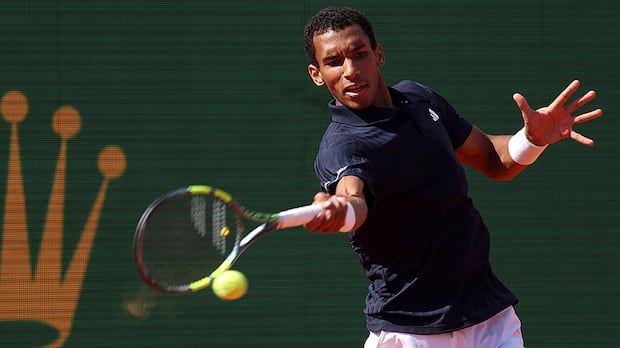 Félix Auger-Aliassime hits a forehand against Marin Cilic during their Monte-Carlo Masters second-round match