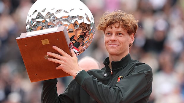 Jannik Sinner holds the Monte-Carlo Masters trophy celebrating his victory over Carlos Alcaraz in the final match