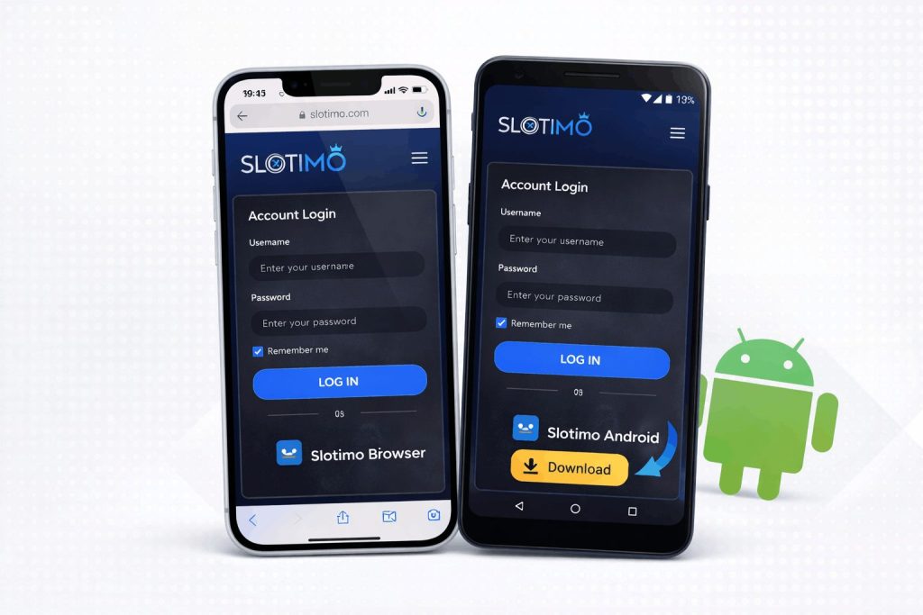 Slotimo mobile login on iOS and Android devices via browser and APK app