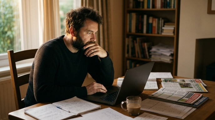A man's thoughtful gaze over sports betting materials and a laptop