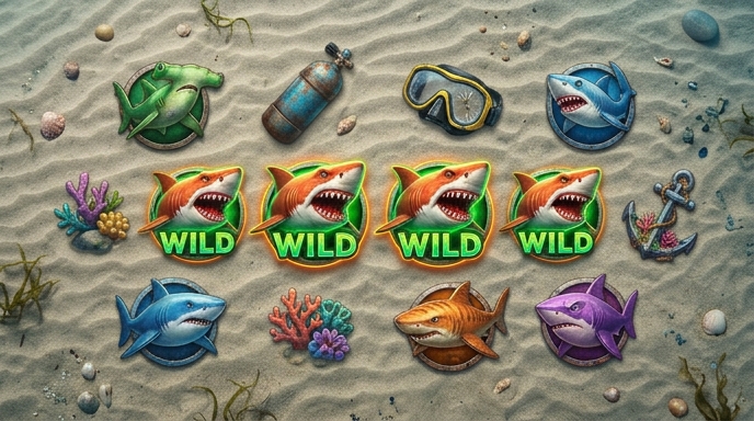 Illustration of various base symbols from Razor Shark including Wild symbols and their values.