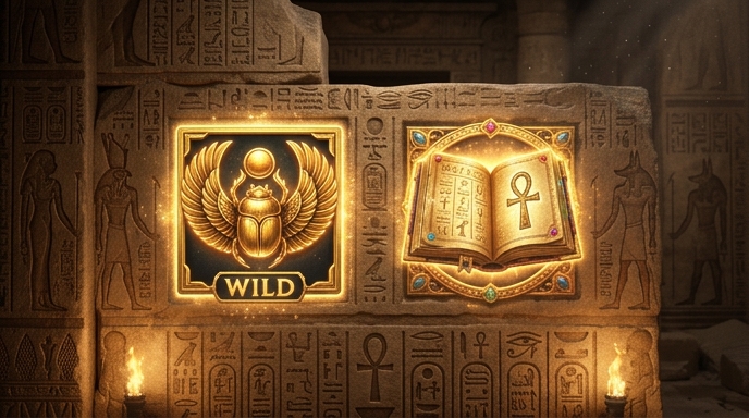 Dramatic depiction of Book of Fallen's Wild and Scatter symbols