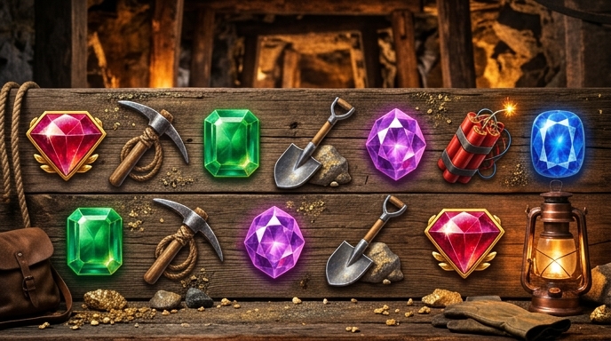 Colorful symbols of the Bonanza slot with mining theme