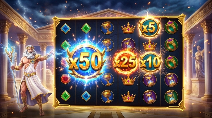 Sicht auf die Bonusrunde mit Multiplikatoren in Gates of Olympus.