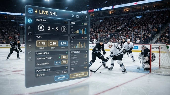 A digital interface showcasing NHL live betting options