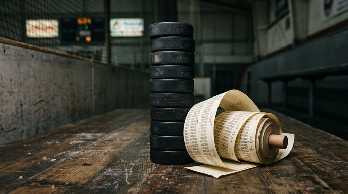 Illustration of longshot bets with hockey pucks and tall odds, visualizing betting risks