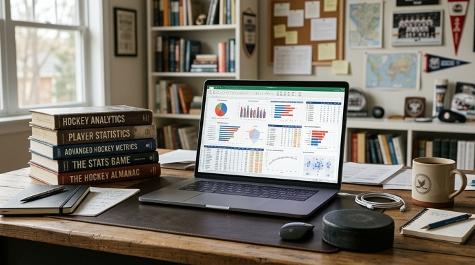 Tools for NHL research including stats sheets and hockey, representing analysis methods