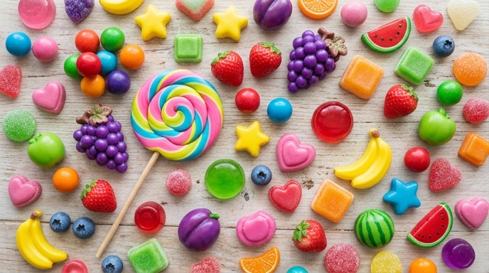 Bunte Bonbons und Obstsymbole aus Sweet Bonanza