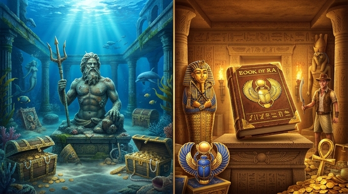 Visual contrast between underwater and ancient symbols