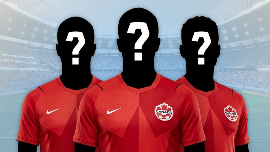 Three Canadian soccer players stand in a stadium with question marks over their faces symbolizing roster uncertainties