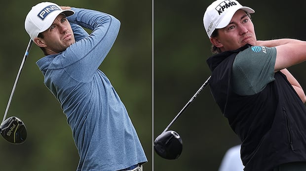 Alex Smalley and Maverick McNealy focused on their golf shots during the PGA Championship in Newtown Square Pennsylvania