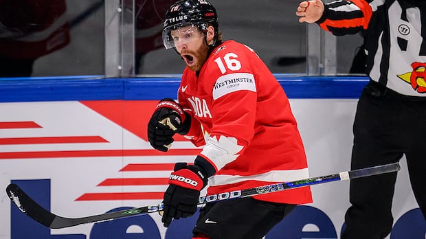 Connor Brown celebrates after scoring Canada's fourth goal against Sweden in the men's world hockey championship opener