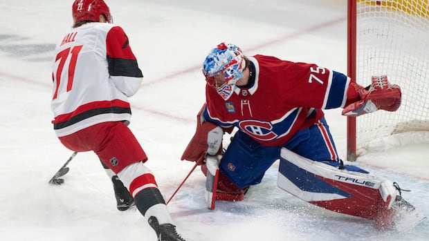 Canadiens goaltender Jakub Dobeš in action ready to defend the net during playoff game