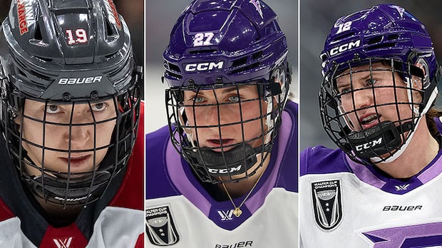 Composite image of Brianne Jenner, Taylor Heise, and Kelly Pannek in their PWHL hockey uniforms