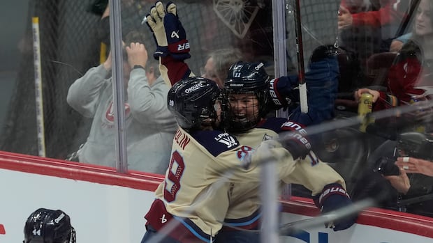 Montreal Victoire players celebrate a goal during their 4-0 win over Ottawa in the Walter Cup final