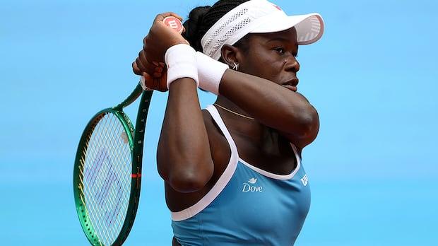 Victoria Mboko hitting a backhand during her match against Caty McNally at the Madrid Open 2026