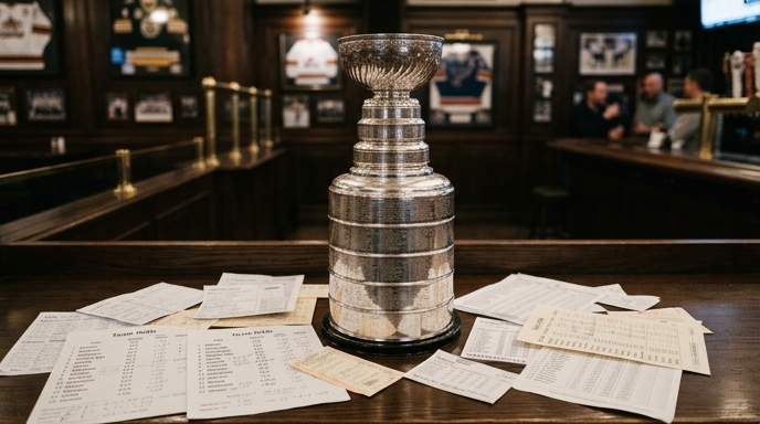 Image of the Stanley Cup surrounded by odds sheets