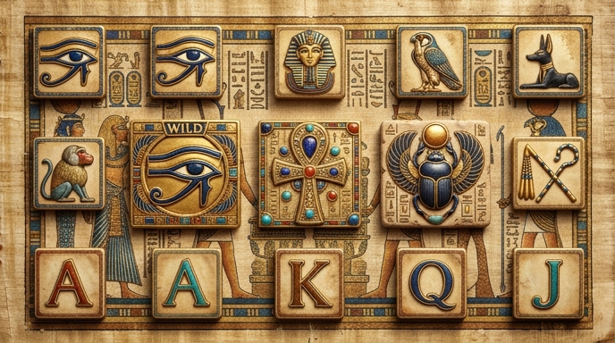 Dynamic symbols from the Eye of Horus slot including wild and scatter.