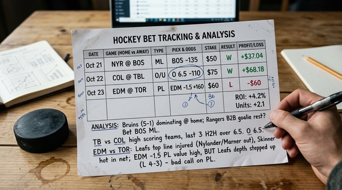Hockey-themed betting tracker with paper sheets and pens
