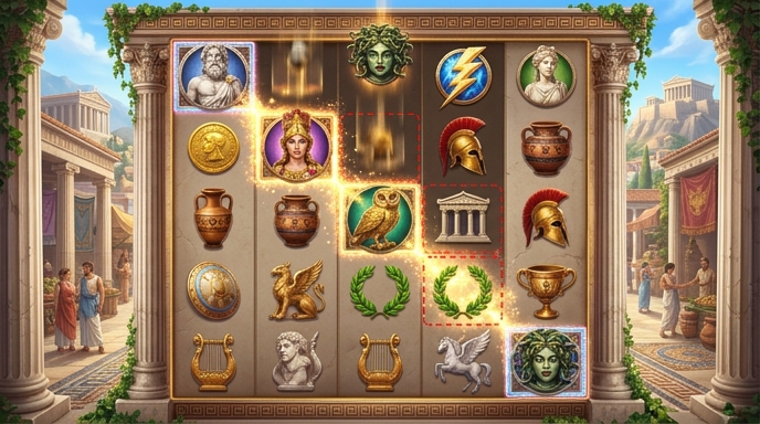 Symbols arranged in the 5x5 grid of Rise of Olympus 100