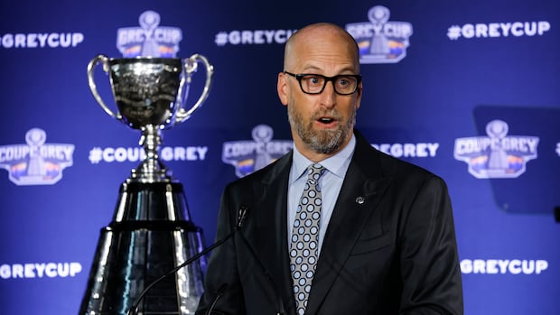 CFL commissioner addresses the crowd at the season kickoff event