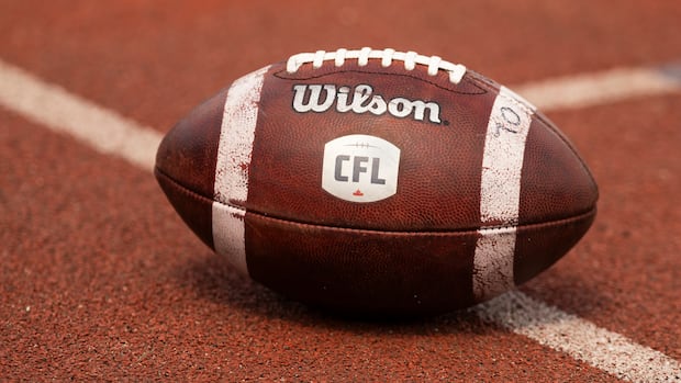 Canadian Football League logo on a football resting on the field before a game
