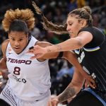 Toronto Tempo player Nyara Sabally drives past Chicago Sky defender during intense basketball game