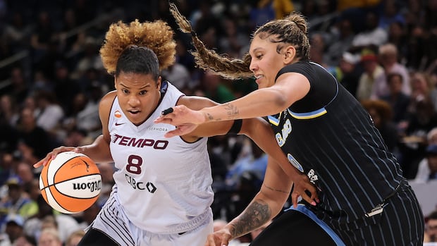 Toronto Tempo player Nyara Sabally drives past Chicago Sky defender during intense basketball game