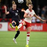 Two Canadian women soccer players in team gear on field preparing for training or match