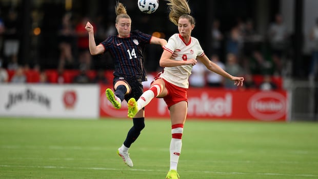 Two Canadian women soccer players in team gear on field preparing for training or match