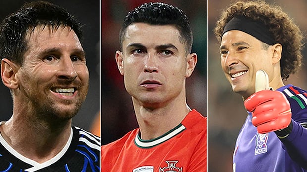 Lionel Messi, Cristiano Ronaldo, and Guillermo Ochoa in action representing Argentina, Portugal, and Mexico in FIFA World Cup