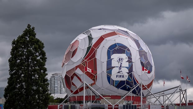 Science World building in Vancouver wrapped as a giant soccer ball for FIFA World Cup 2026 celebration