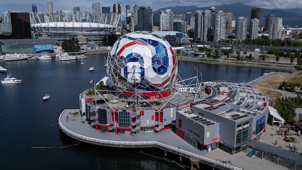 Aerial view of Vancouver's Science World with giant soccer ball graphic on dome and BC Place stadium in background